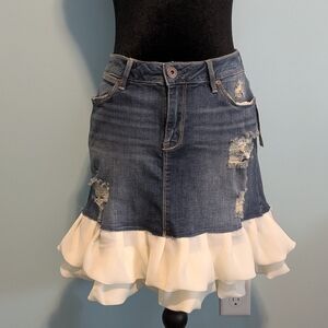 American Rag Distressed Denim A-Line Skirt with White Ruffle